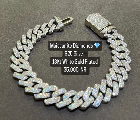CUBAN BRACELET - Moissanite Diamonds and 925 Silver Base 18Kt White Gold Plated