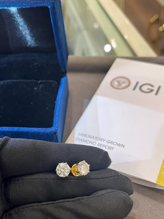 1 Carat Each Ear Pair of ROUND CUT LAB GROWN IGI Certified Solitaire Earings in 18Kt Hallmarked Gold