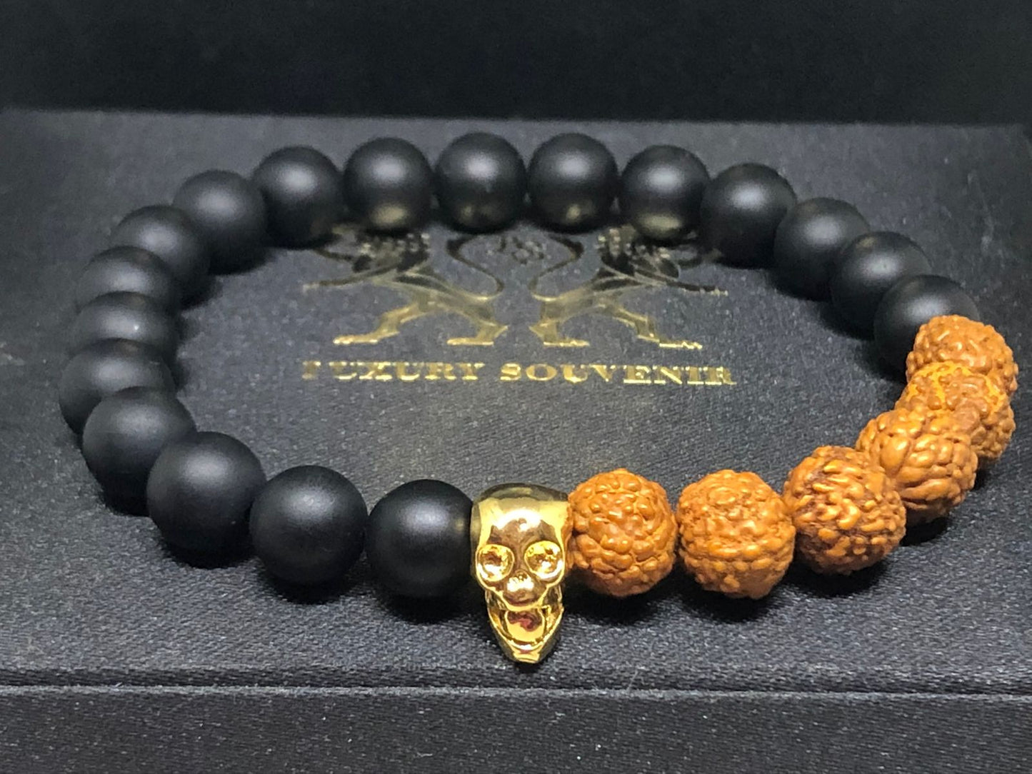 SKULL BRACELET on Black Matte Agate Beads & Rudraksha 24Kt Gold Plated