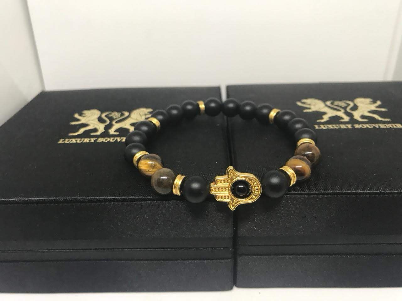 Hand of Hamsa BRACELET on Matte Agate Beads & Tiger Stone 24Kt Gold Plated