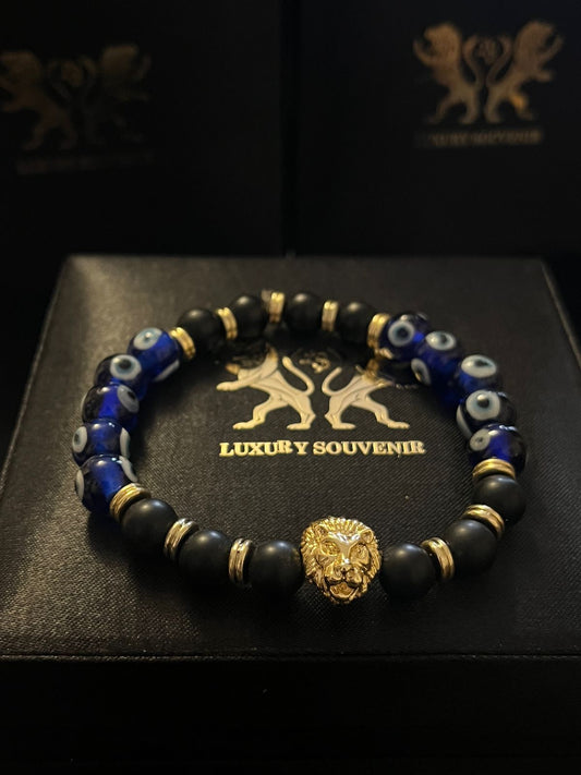 24Kt Gold Plated LIONROAR Bracelet with Matte Agate Beads & Gold Rings with Evil Eye Beads