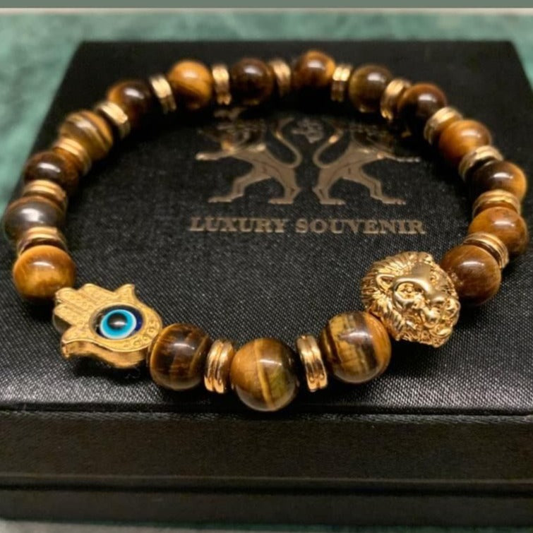 Hand of Hamsa Evil Eye LionRoar Bracelet in TigerStone Exotic Beads 24Kt Gold Plated with Gold Rings