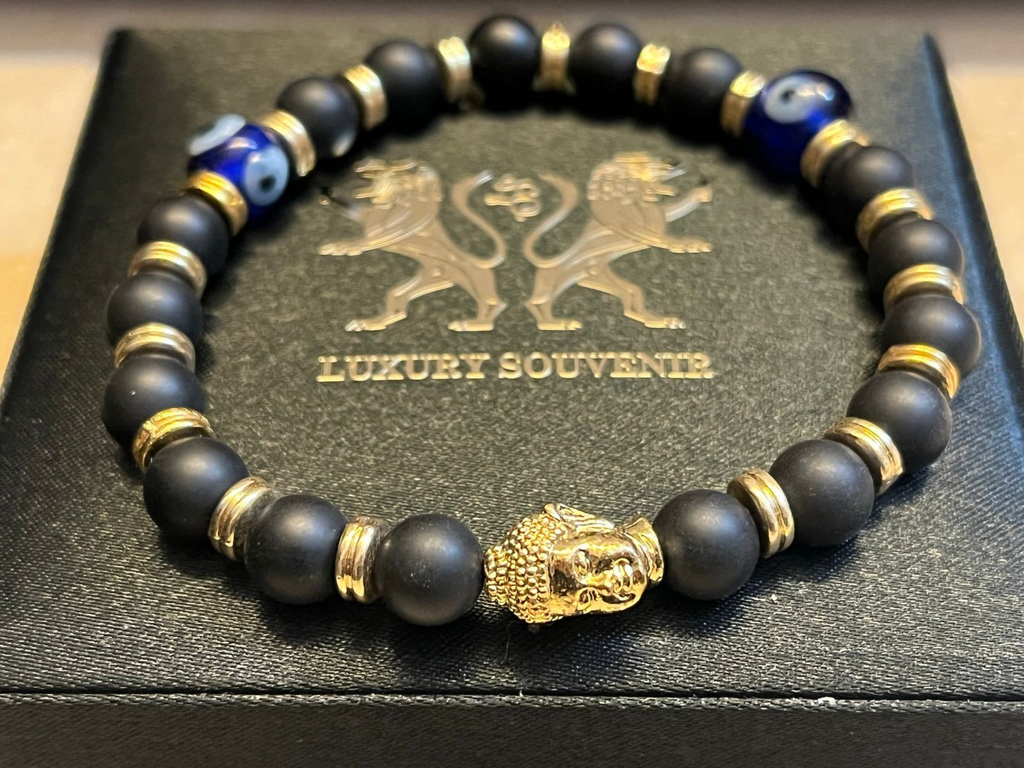24Kt Gold Plated Buddha Bracelet with Matte Agate Beads & Gold Rings with Evil Eye