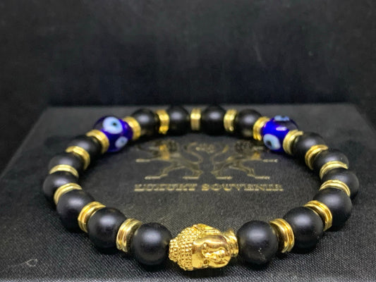24Kt Gold Plated Buddha Bracelet with Matte Agate Beads & Gold Rings with Evil Eye