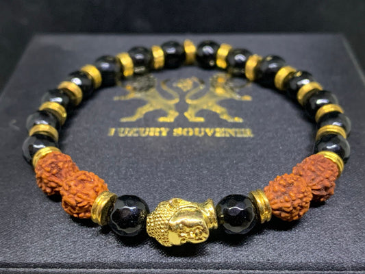 24Kt Gold Plated Buddha Bracelet with Cut Agate Beads & Gold Rings with Rudraksha Beads
