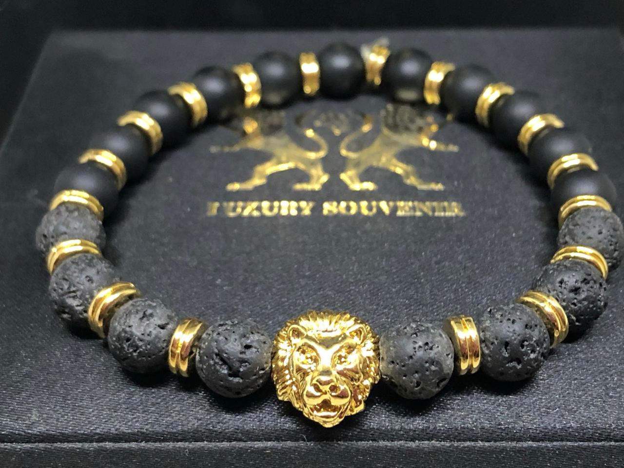 24Kt Gold Plated LIONROAR Bracelet with LAVA STONE EXOTIC & Matte Beads & Gold Rings