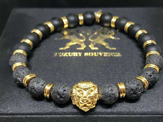 24Kt Gold Plated LIONROAR Bracelet with LAVA STONE EXOTIC & Matte Beads & Gold Rings