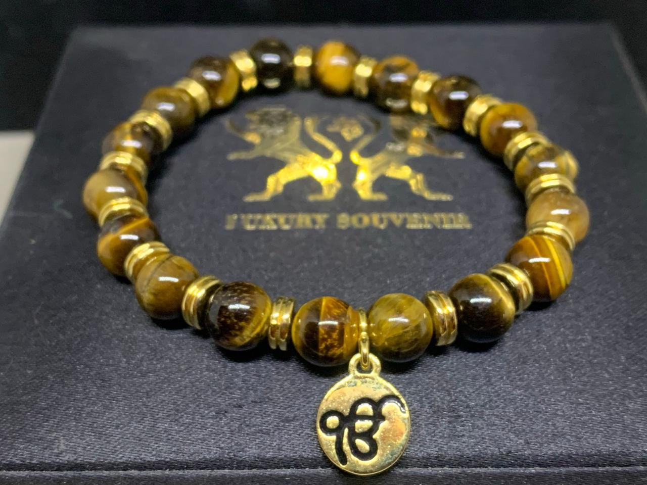 Ekonkar Tag Bracelet in Exotic Tiger Stone Beads 24Kt Gold Plated 925 Silver