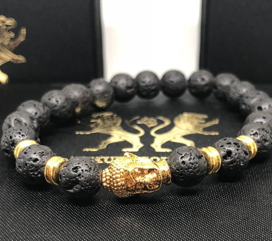 24Kt Gold Plated Buddha Bracelet with Molten Lava EXOTIC Beads & Gold Rings