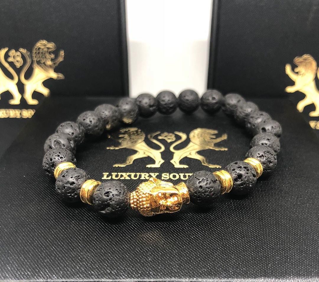 24Kt Gold Plated Buddha Bracelet with Molten Lava EXOTIC Beads & Gold Rings