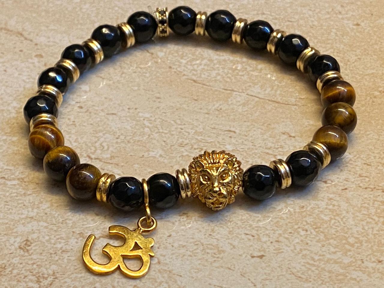 24Kt Gold Plated LIONROAR Bracelet with TIGER STONE EXOTIC Beads & Gold Rings & OM Tag