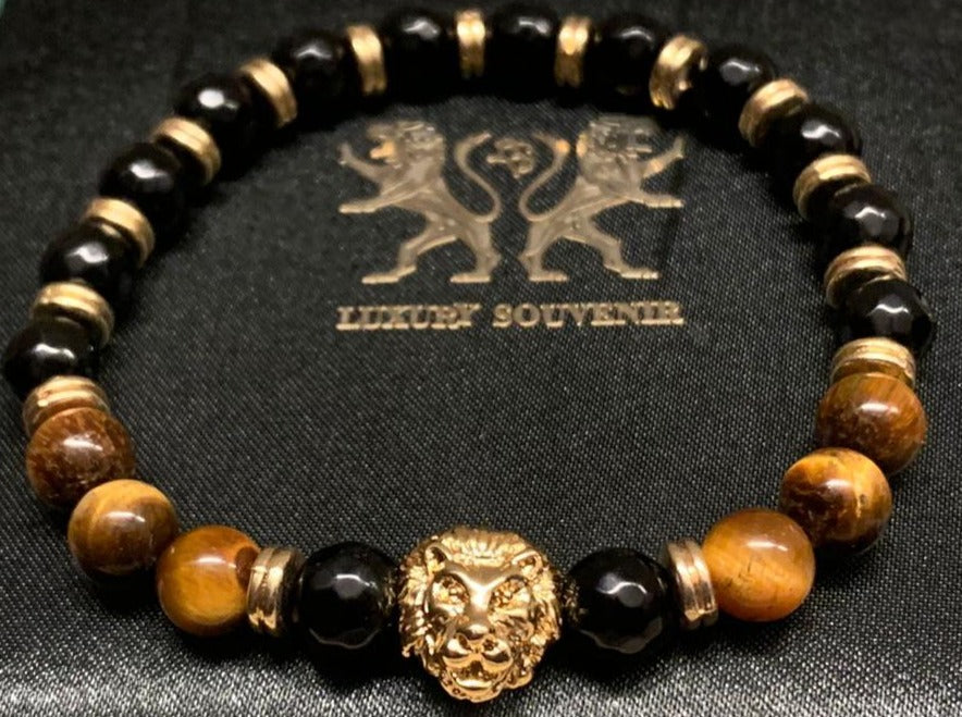 SANJAY DUTT BRACELET - 24Kt Gold Plated LIONROAR Bracelet with TIGER STONE EXOTIC Beads & Gold Rings