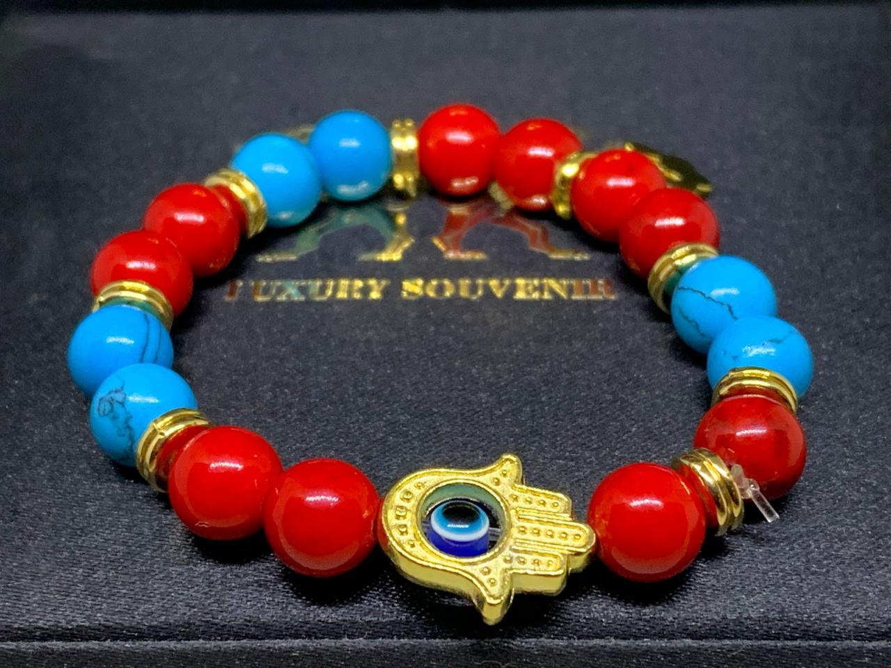 Hand of Hamsa Evil Eye with Love for Paw Tag Bracelet in Exotic Beads for Pet Lovers