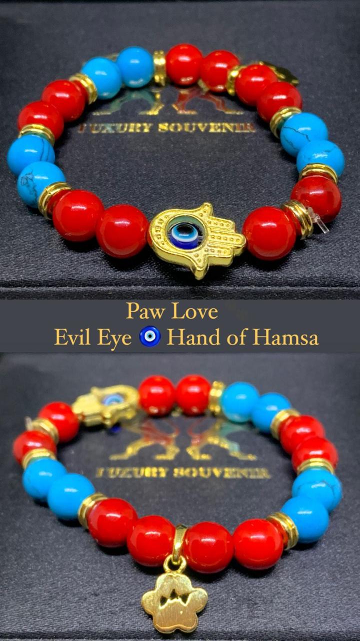 Hand of Hamsa Evil Eye with Love for Paw Tag Bracelet in Exotic Beads for Pet Lovers