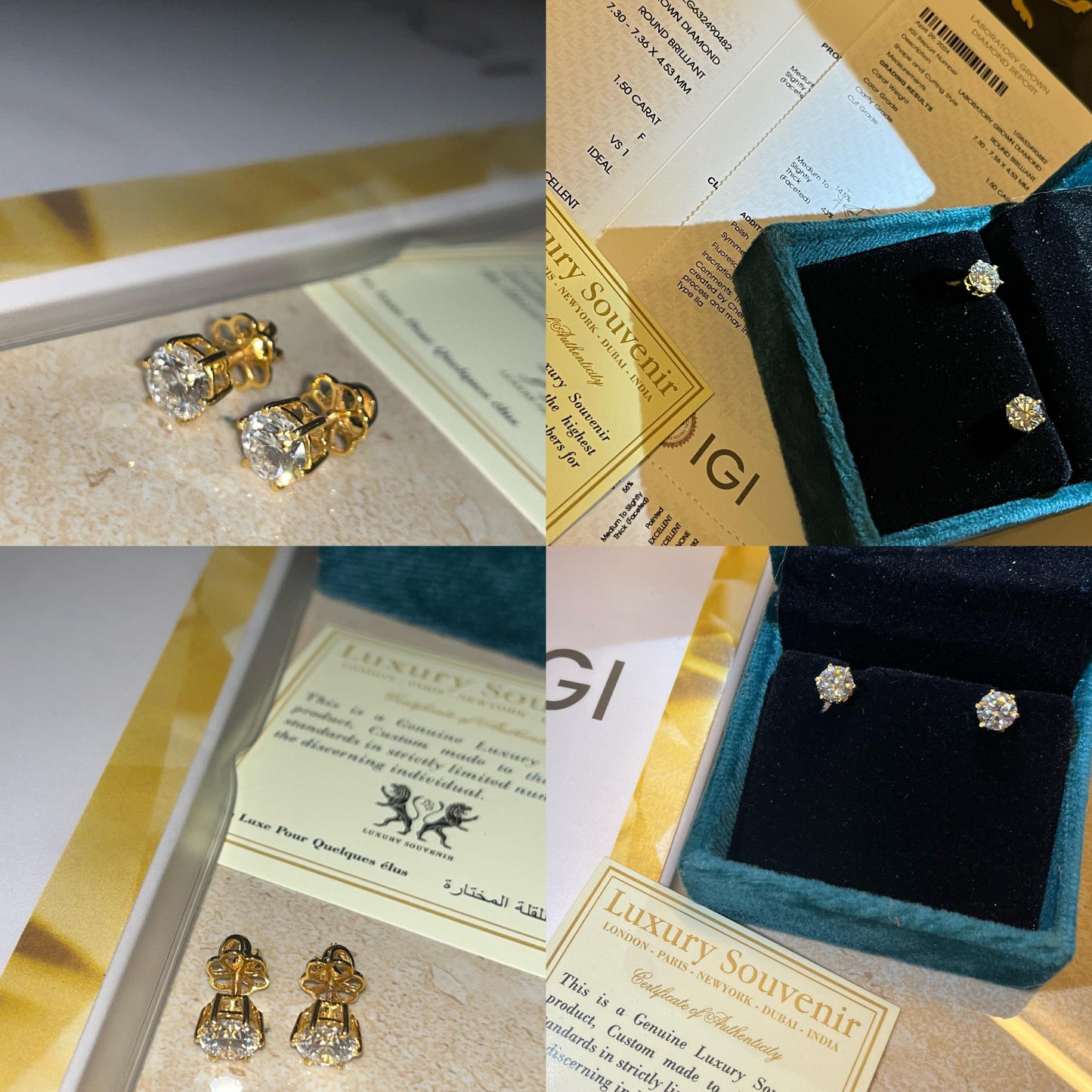 1.5 Carat Each Ear ( 3 Carat Pair ) LAB GROWN Diamond Earings Solitaire Studs on 18Kt Gold Base