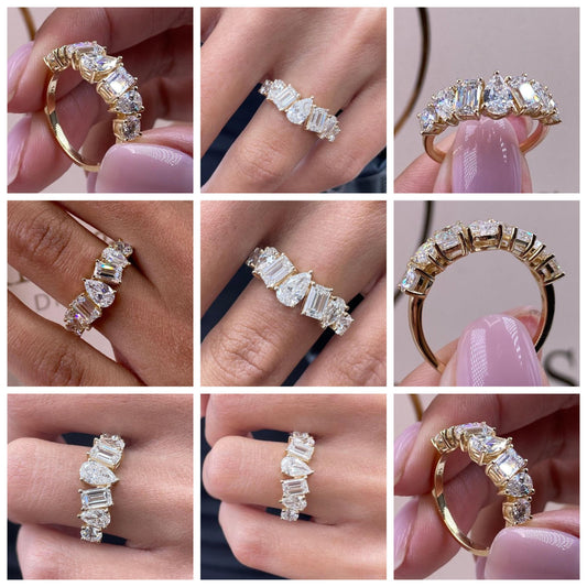 EXOTIC 7 LAB GROWN DIAMOND RING ETERNITY BAND - PEAR / EMERALD / ROUND