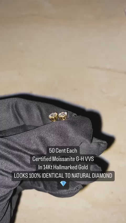 50 Cent Each Pair of Ear Certified Moissanite Solitaire Earings in 18Kt Hallmarked Gold